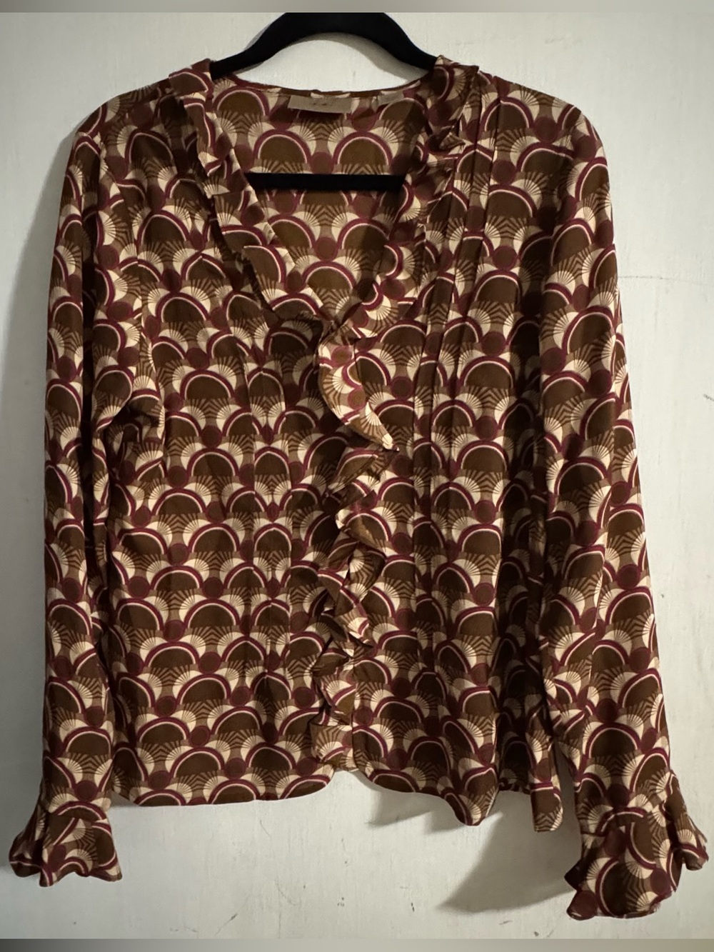 Vintage‎ i.e. 100% Silk Ruffle Front Blouse - Art Deco Geometric Print - Size M